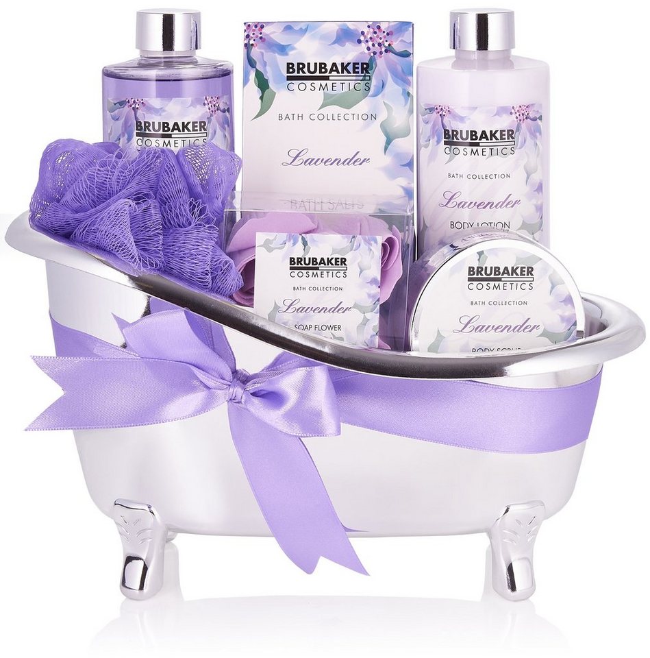 BRUBAKER Hautreinigungs-Set Wellness Geschenkset für Frauen mit Lavendel Duft, 7-tlg., Beauty Dusch- und Badeset für Damen, Pflegeset in Deko Badewanne, Silber Lila von BRUBAKER