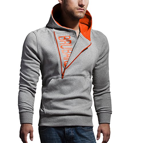 BRUBAKER Herren Label Sweatshirt mit Kapuze Hellgrau Melange/Orange Größe XXL von BRUBAKER