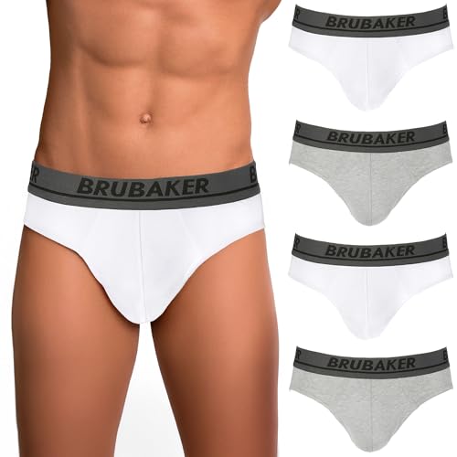 BRUBAKER Herren Slip 4er Pack - Männer Komfort Unterhosen mit elastischem Bund - Stretch Unifarben Unterwäsche aus Baumwolle und Lycra® - Grau & Weiß Größe L von BRUBAKER