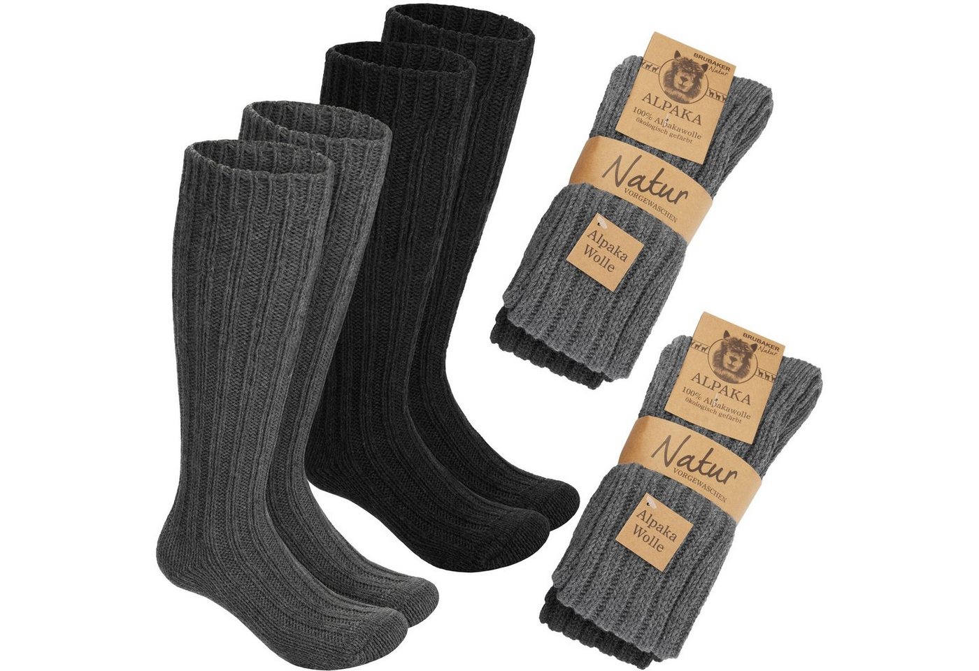 BRUBAKER Langsocken Wadenlange Alpaka Socken aus 100% Alpakawolle - Warme Thermosocken (4-Paar, 4er Set hohe Unisex Wollsocken) Extra lange Wintersocken für Herren und Damen von BRUBAKER