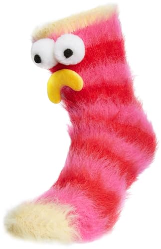 BRUBAKER Lustige Cartoon Monster Socken - Mad Milly - Witzige Plüschsocken mit Gesichtern - 3D Haussocken Geschenk für Erwachsene und Kinder - Warm und Flauschig - Rot und Pink - Größe 36-41 von BRUBAKER