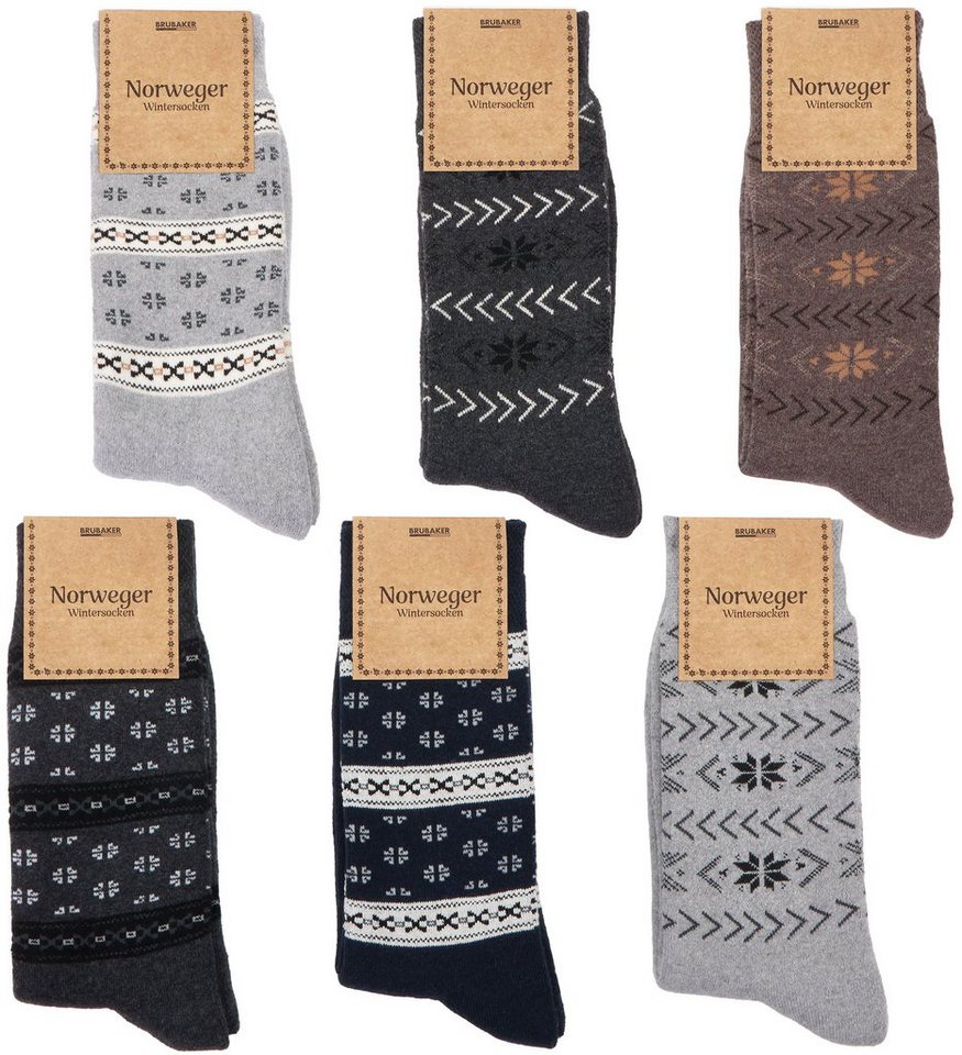 BRUBAKER Norwegersocken Wintersocken - Norweger Thermosocken für Damen und Herren (Farbmix Grau, Blau und Braun, 6-Paar, Socken mit Innenfrottee) Unisex Norwegersocken extra warm und weich von BRUBAKER