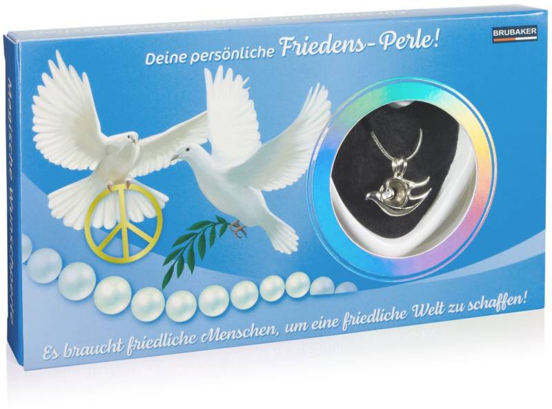 BRUBAKER Perlenketten-Set Deine Persönliche Wunschperle - Frieden (Geschenkset für die Freunde und Familie - Friedens-Perle, Muschel mit echter Perle als Schmuck - Set), Halskette mit Silber Friedenstaube Anhänger von BRUBAKER