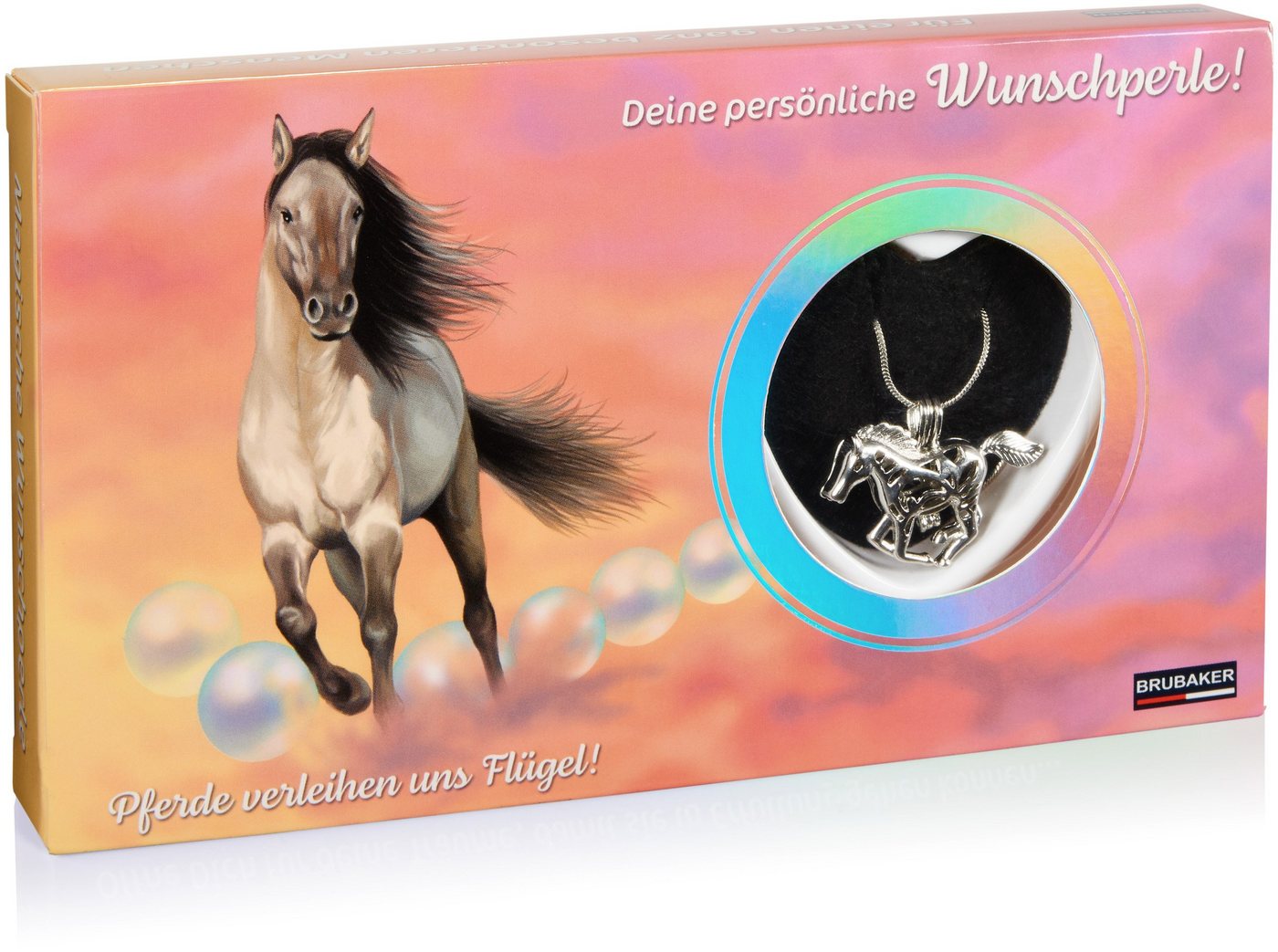 BRUBAKER Perlenketten-Set Deine Persönliche Wunschperle - Pferde (Set), Halskette mit Silber Pferde-Anhänger + Muschel mit echter Perle als Schmuck Geschenkset für die Reiter und Reiterinnen von BRUBAKER