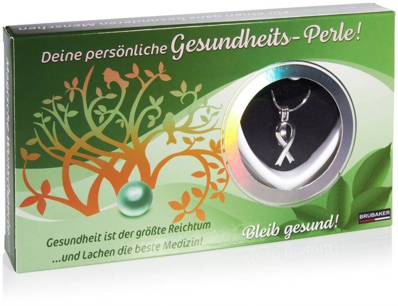 BRUBAKER Perlenketten-Set Gesundheits-Wunschperle Alles Gute! (4-tlg., Geschenkset mit Silberkette und Muschel), Schleifen-Anhänger Halskette - echter Perle - Symbol für Solidarität von BRUBAKER