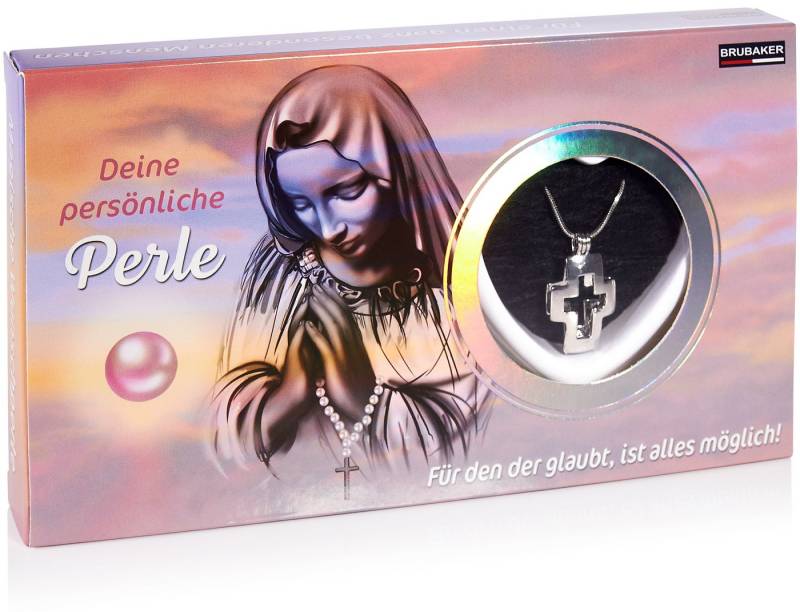 BRUBAKER Perlenketten-Set Glaubens-Wunschperle für Gebete (4-tlg., Geschenkset mit Silberkette und Muschel), Halskette mit Kreuz-Anhänger und echter Perle von BRUBAKER
