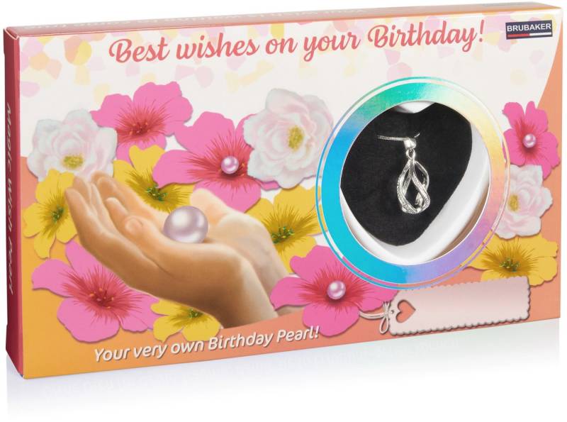 BRUBAKER Perlenketten-Set Happy Birthday Wunschperle für Geburtstag (Muschel mit echter Perle als Geschenkset für Freunde und Familie, Set), Halskette mit Silber Anhänger von BRUBAKER
