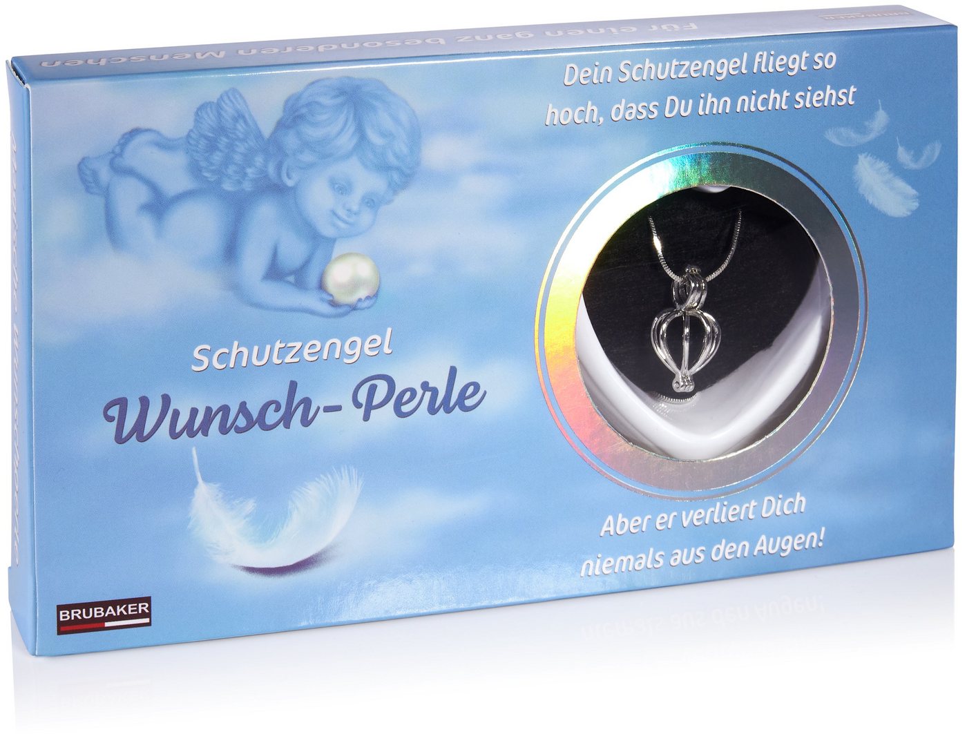 BRUBAKER Perlenketten-Set Schutzengel-Wunschperle als Schutzamulett (4-tlg., Geschenkset mit Silberkette und Muschel), Halskette mit Körbchen-Anhänger und echter Perle von BRUBAKER