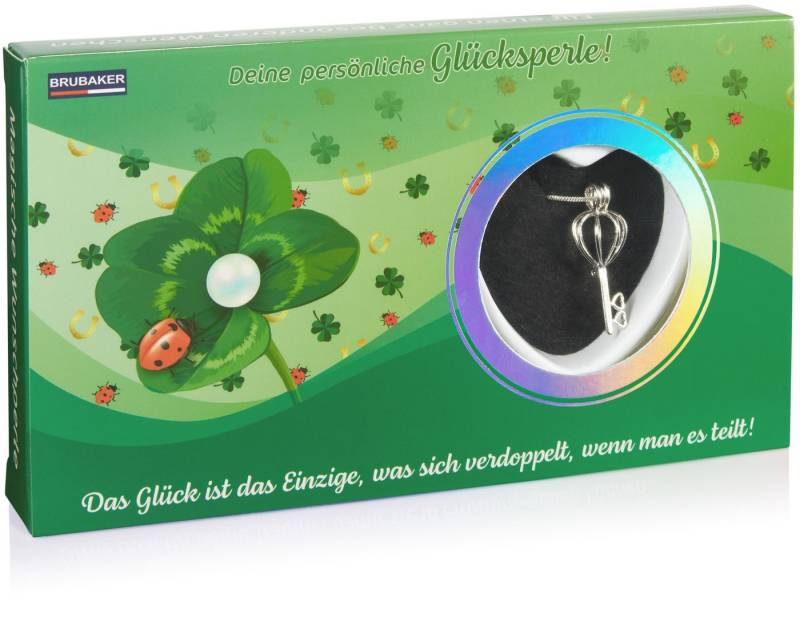BRUBAKER Perlenketten-Set Wunschperle "Glück" (Muschel mit echter Perle als Schmuck Geschenkset für die Freunde und Familie - Grün mit Kleeblättern, Set), Halskette mit Silber Schlüssel Anhänger von BRUBAKER