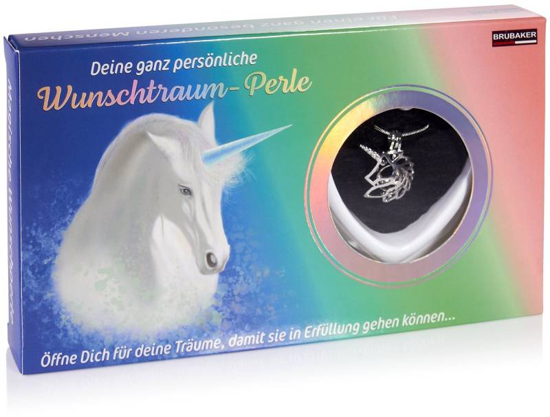 BRUBAKER Perlenketten-Set Wunschperle für die Erfüllung von Wünschen (4-tlg., Geschenkset mit Silberkette und Muschel), Halskette Wunschtraumperle mit Einhorn Anhänger und echter Perle von BRUBAKER