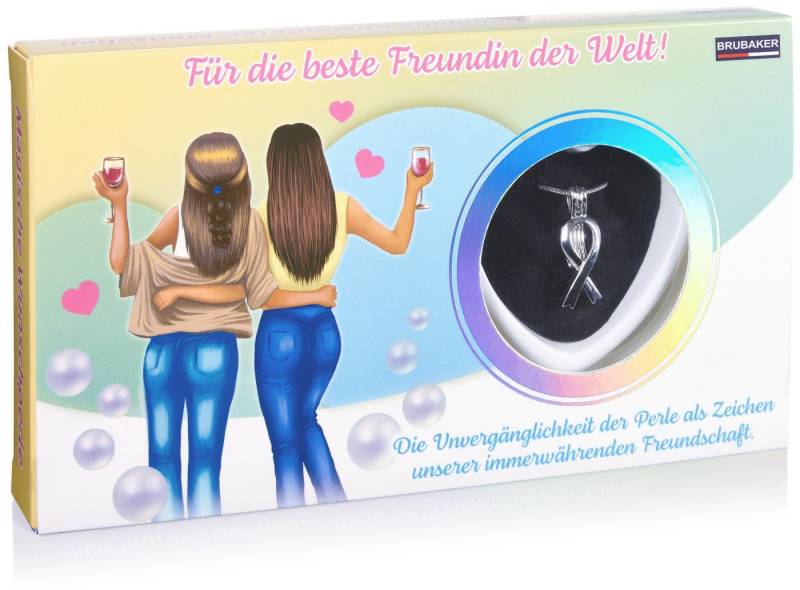 BRUBAKER Perlenketten-Set Wunschperle für die beste Freundin der Welt (Schmuck Geschenkset als Zeichen der Freundschaft, Set), Halskette mit Silber Anhänger + Muschel mit echter Perle von BRUBAKER
