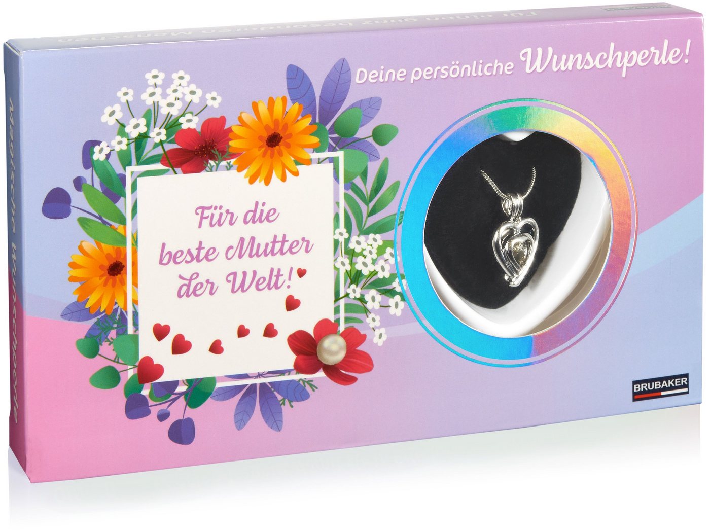 BRUBAKER Perlenketten-Set Wunschperle für die beste Mutter der Welt (4-tlg., Set), Halskette Silber Herz + Muschel mit Perle – Muttertagsgeschenk-Set von BRUBAKER