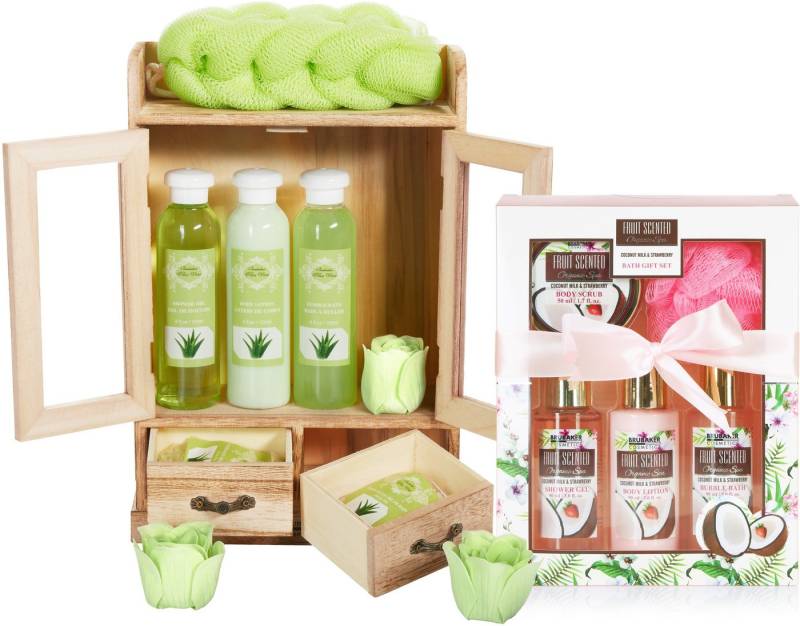 BRUBAKER Pflege-Geschenkset 2 in 1 Pflegeset Aloe Vera & Kokosnuss Erdbeere - Wellness Set, 15-tlg., Damen Dusch- und Badeset - Frauen Beauty Geschenkset mit Dekoration von BRUBAKER