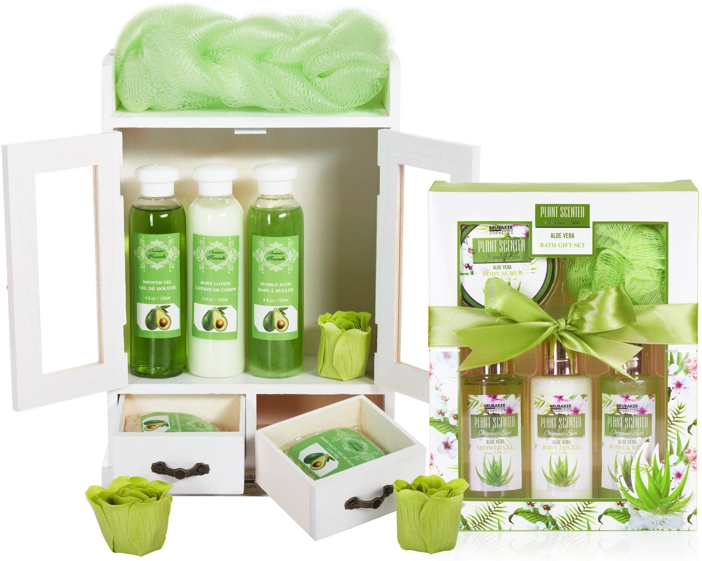 BRUBAKER Pflege-Geschenkset 2 in 1 Pflegeset Avocado & Aloe Vera - Wellness Set, 15-tlg., Damen Dusch- und Badeset - Frauen Beauty Geschenkset mit Dekoration von BRUBAKER