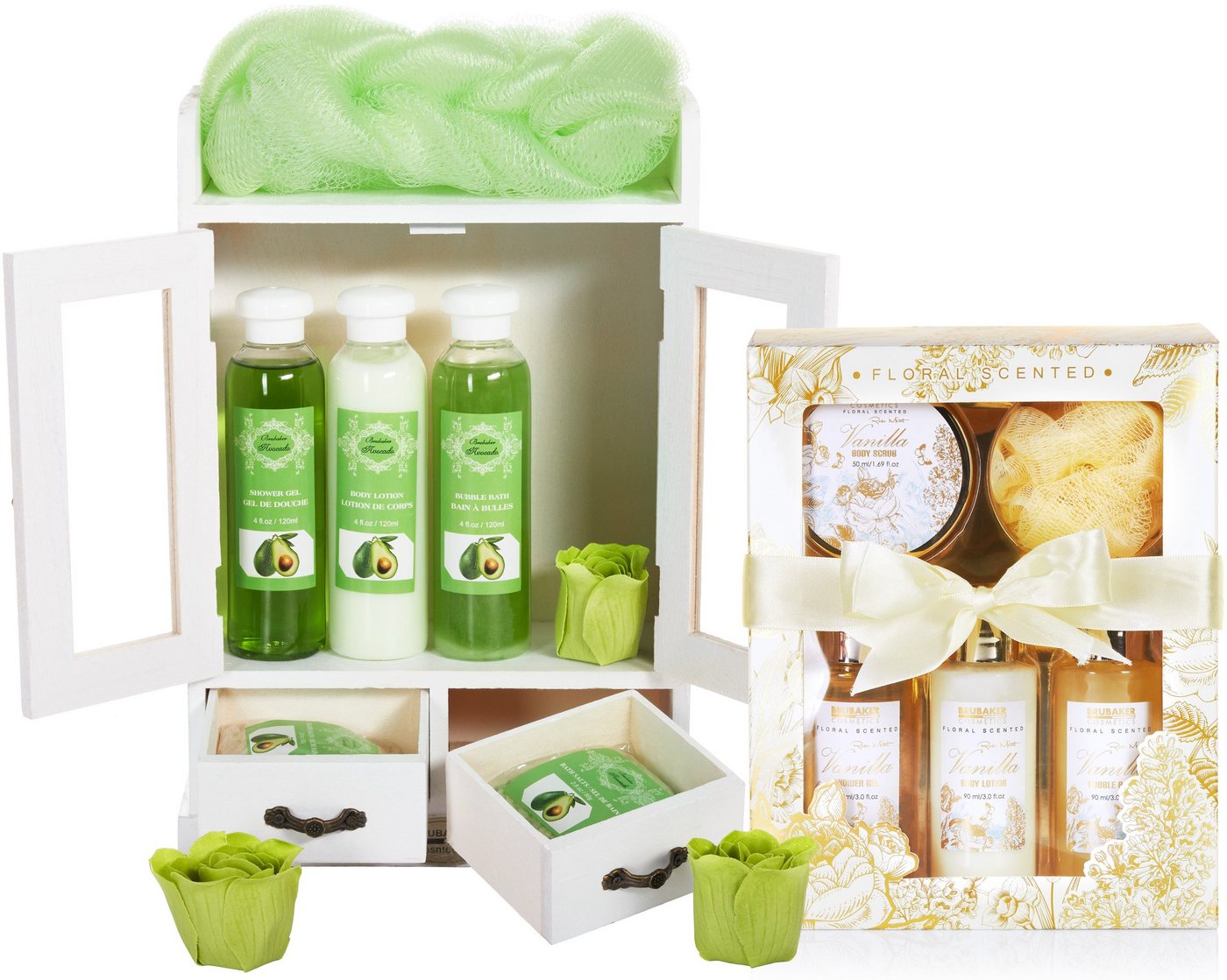 BRUBAKER Pflege-Geschenkset 2 in 1 Pflegeset Avocado & Vanilla Rose Minze - Wellness Set, 15-tlg., Damen Dusch- und Badeset - Frauen Beauty Geschenkset mit Dekoration von BRUBAKER