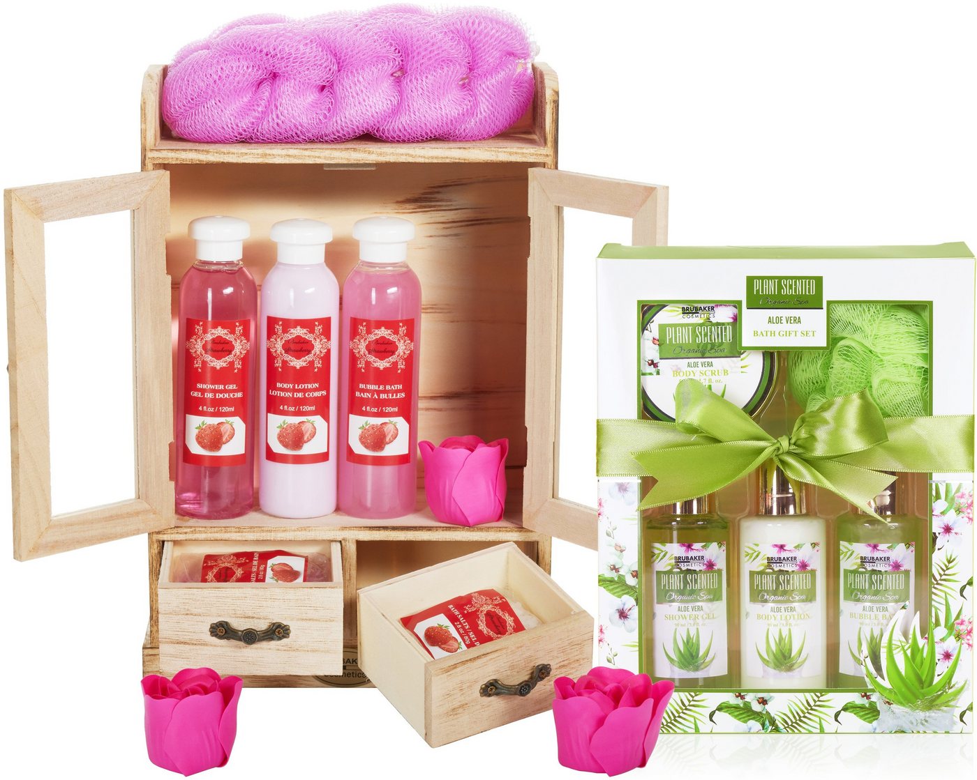 BRUBAKER Pflege-Geschenkset 2 in 1 Pflegeset Erdbeere & Aloe Vera - Wellness Set, 15-tlg., Damen Dusch- und Badeset - Frauen Beauty Geschenkset mit Dekoration von BRUBAKER