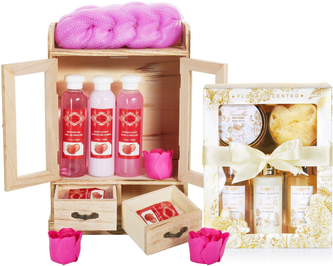 BRUBAKER Pflege-Geschenkset 2 in 1 Pflegeset Erdbeere & Vanilla Rose Minze - Wellness Set, 15-tlg., Damen Dusch- und Badeset - Frauen Beauty Geschenkset mit Dekoration von BRUBAKER