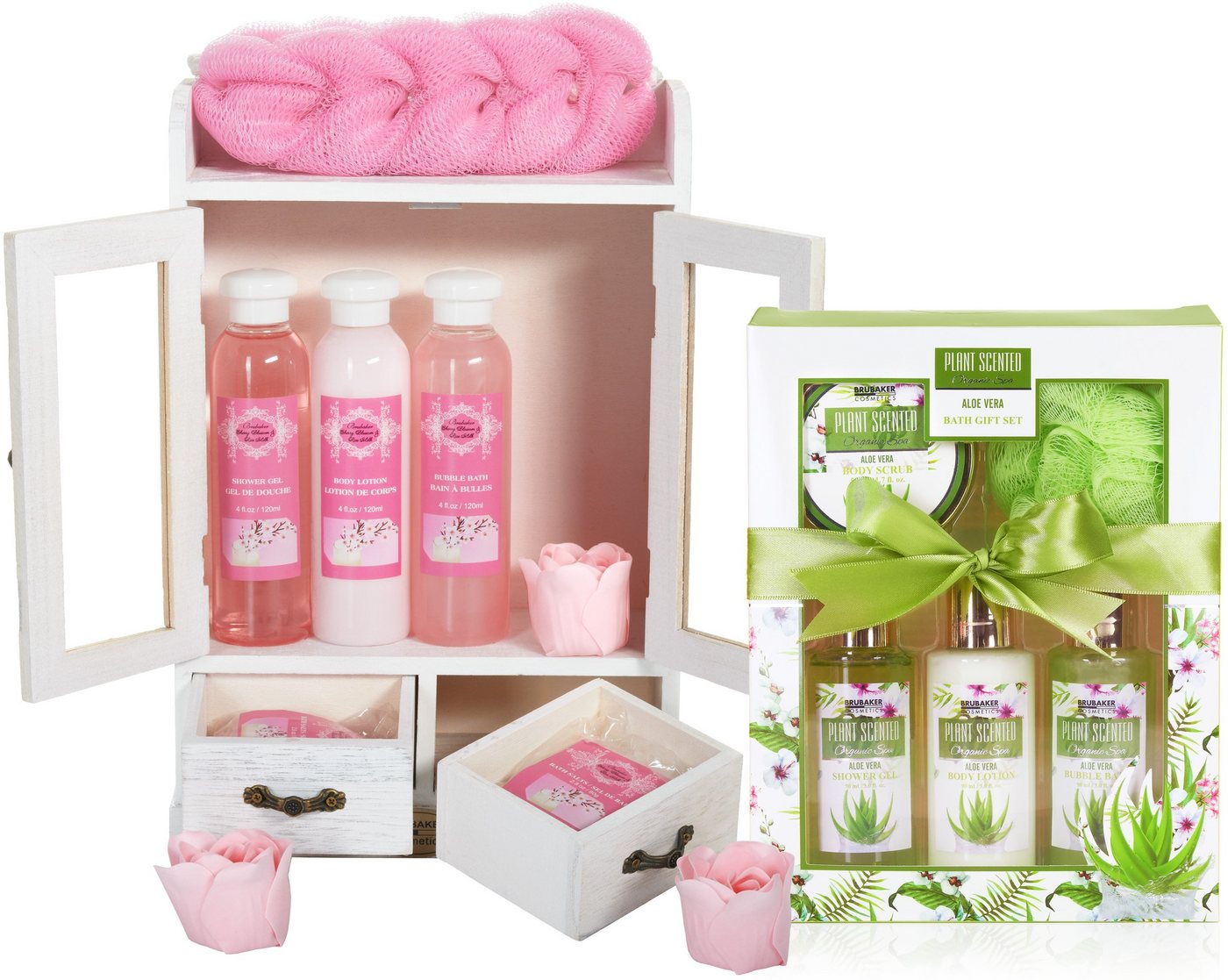 BRUBAKER Pflege-Geschenkset 2 in 1 Pflegeset Kirschblüte & Aloe Vera - Wellness Set, 15-tlg., Damen Dusch- und Badeset - Frauen Beauty Geschenkset mit Dekoration von BRUBAKER