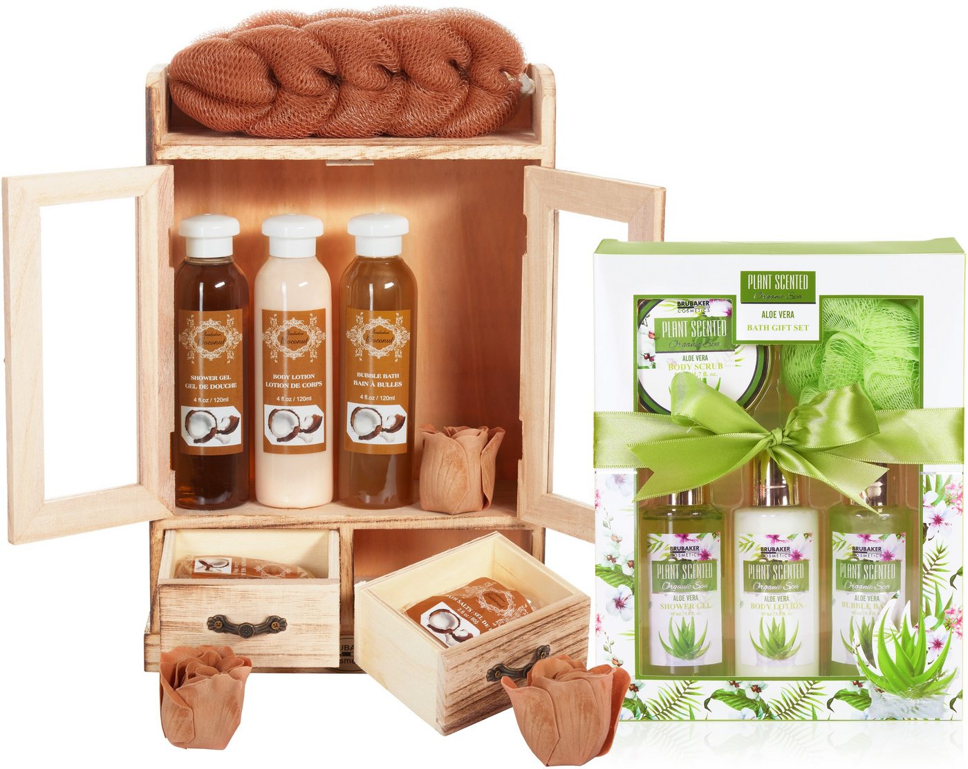 BRUBAKER Pflege-Geschenkset 2 in 1 Pflegeset Kokosnuss & Aloe Vera - Wellness Set, 15-tlg., Damen Dusch- und Badeset - Frauen Beauty Geschenkset mit Dekoration von BRUBAKER