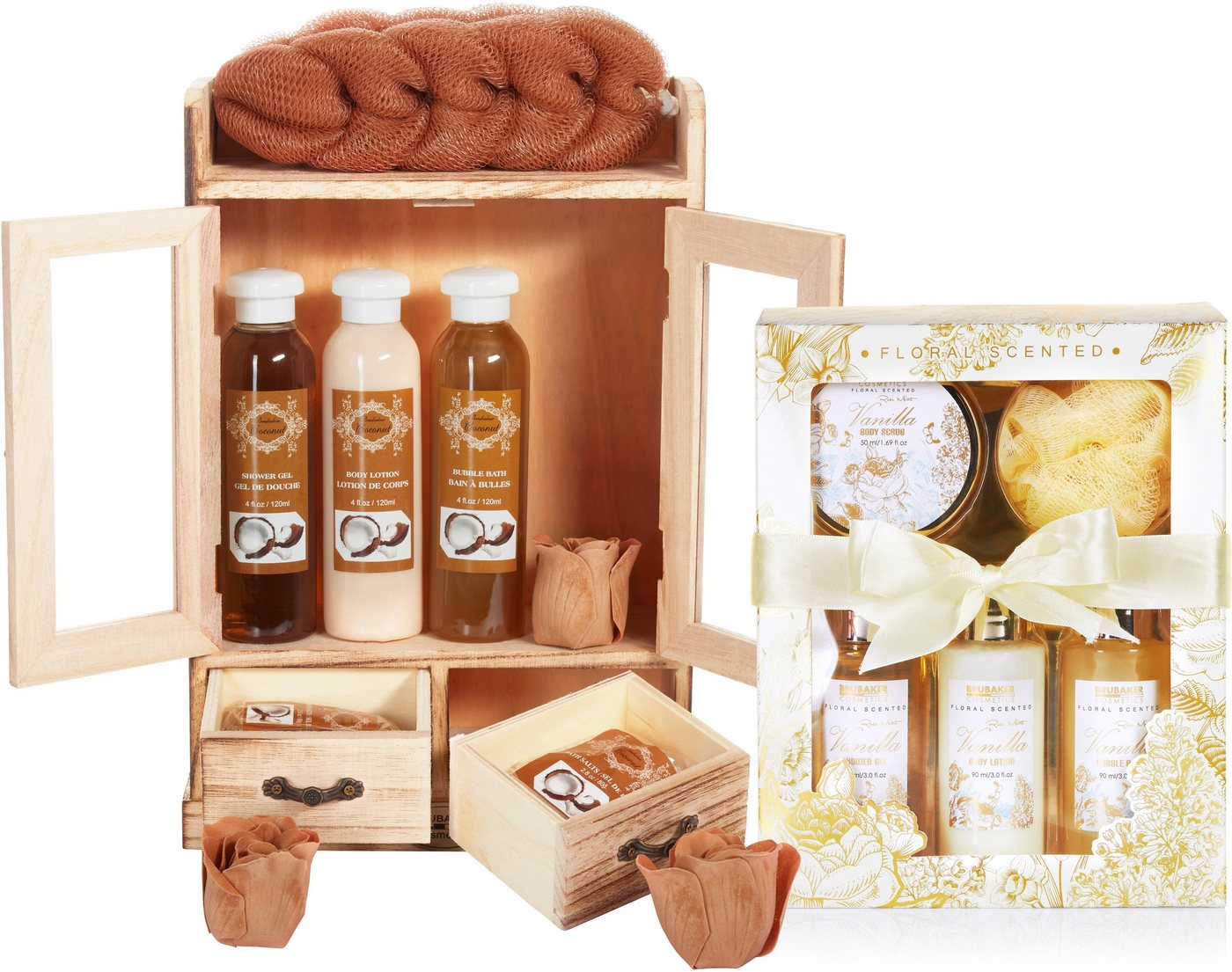BRUBAKER Pflege-Geschenkset 2 in 1 Pflegeset Kokosnuss & Vanilla Rose Minze - Wellness Set, 15-tlg., Damen Dusch- und Badeset - Frauen Beauty Geschenkset mit Dekoration von BRUBAKER