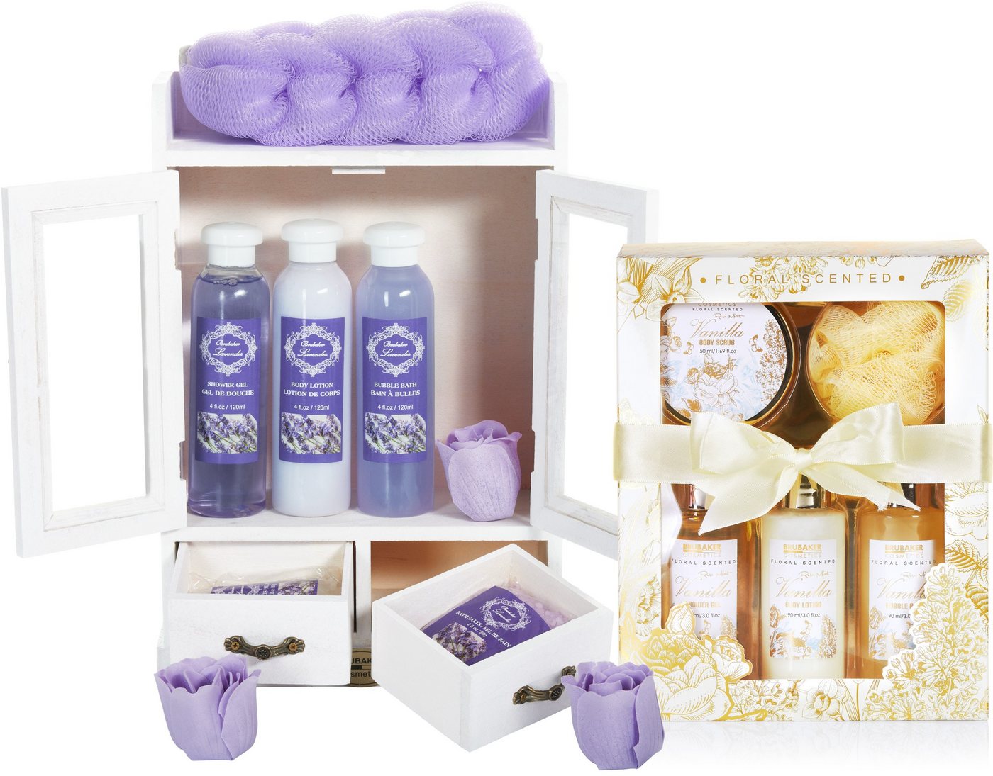 BRUBAKER Pflege-Geschenkset 2 in 1 Pflegeset Lavendel & Vanilla Rose Minze - Wellness Set, 15-tlg., Damen Dusch- und Badeset - Frauen Beauty Geschenkset mit Dekoration von BRUBAKER