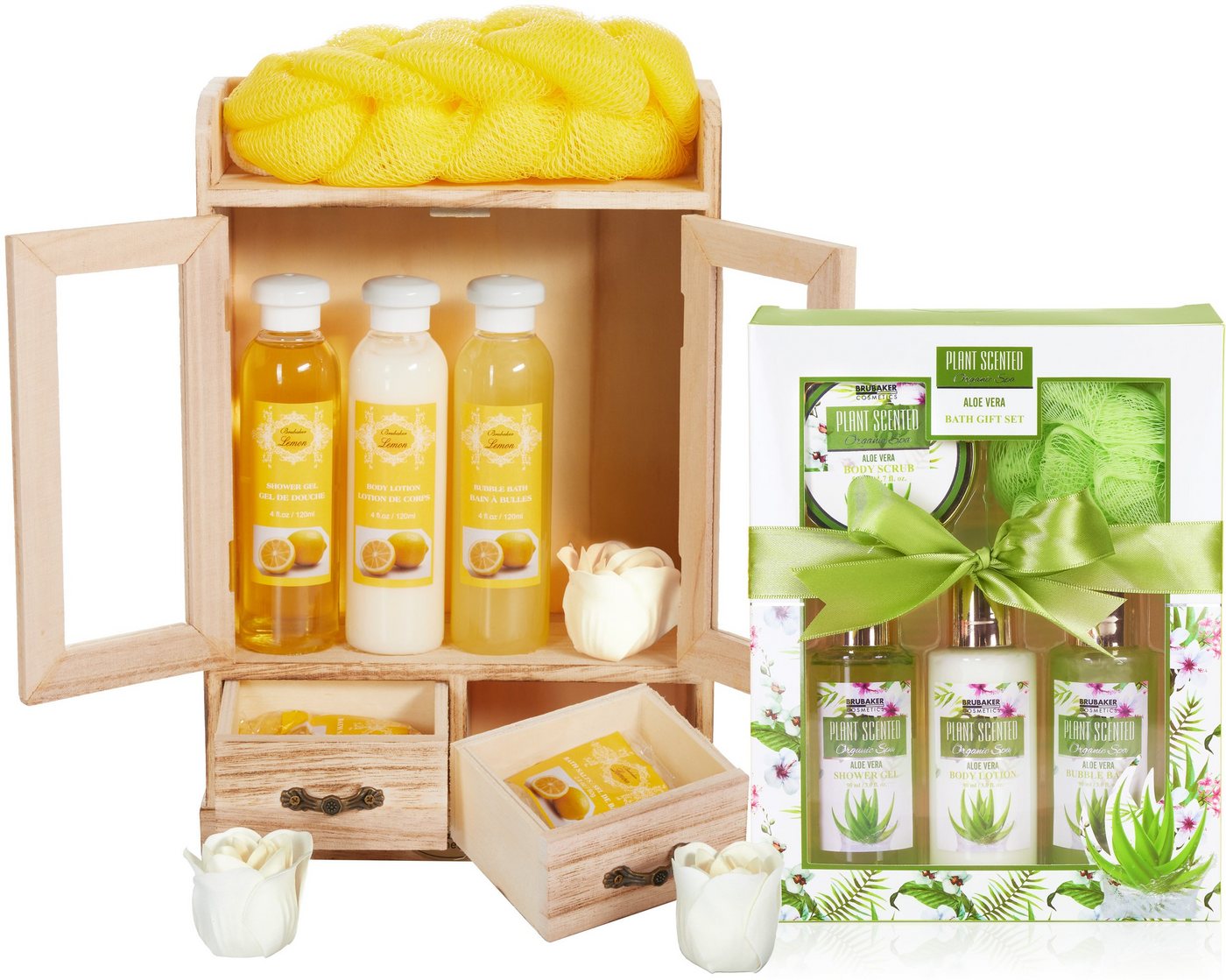 BRUBAKER Pflege-Geschenkset 2 in 1 Pflegeset Lemon & Aloe Vera - Wellness Set, 15-tlg., Damen Dusch- und Badeset - Frauen Beauty Geschenkset mit Dekoration von BRUBAKER