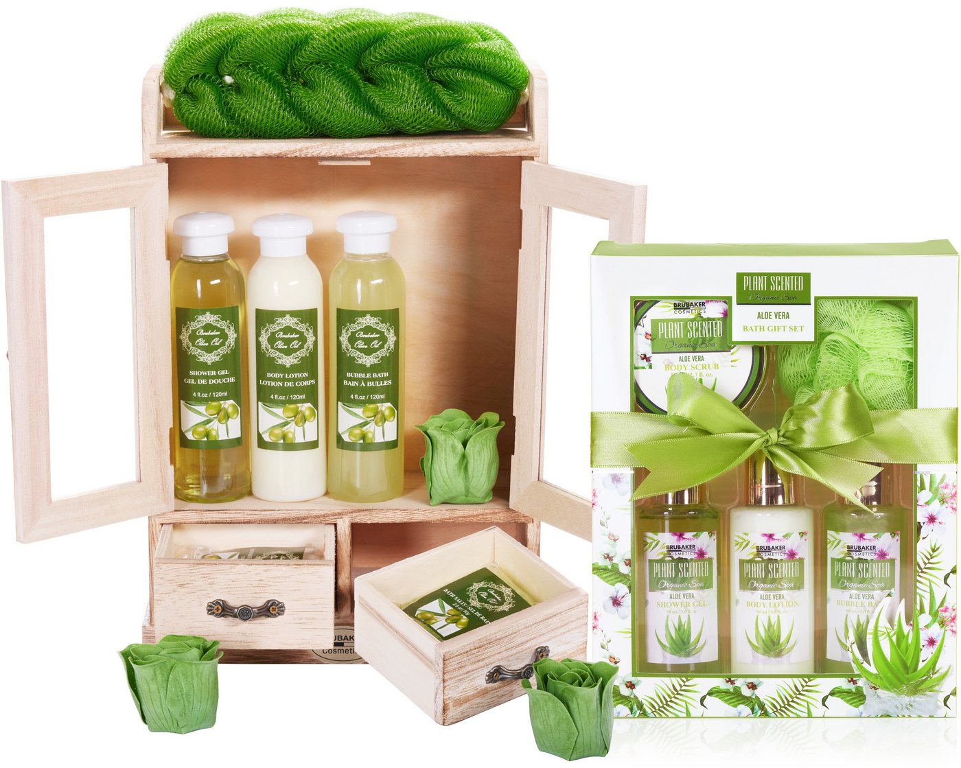 BRUBAKER Pflege-Geschenkset 2 in 1 Pflegeset Olive & Aloe Vera - Wellness Set, 15-tlg., Damen Dusch- und Badeset - Frauen Beauty Geschenkset mit Dekoration von BRUBAKER