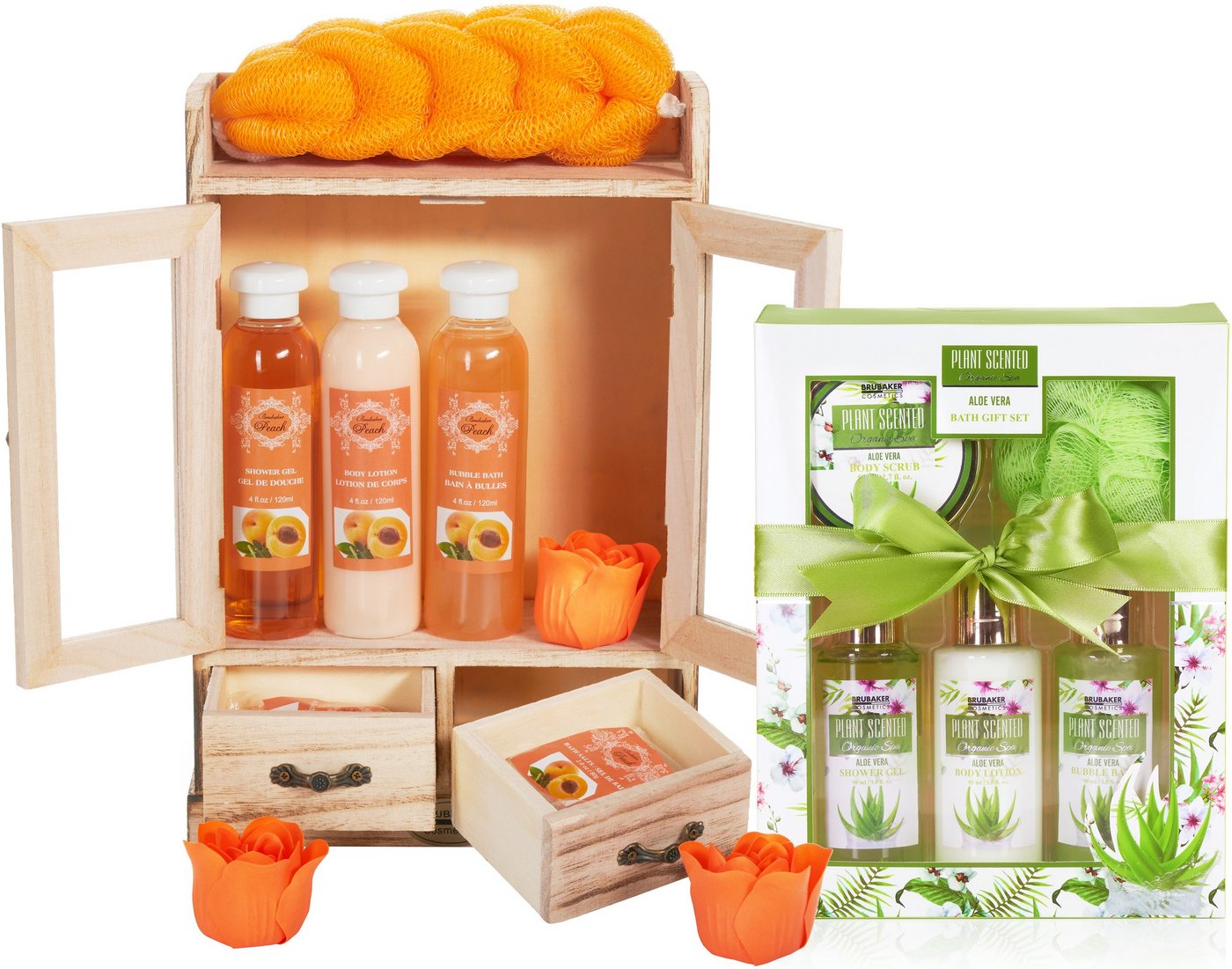 BRUBAKER Pflege-Geschenkset 2 in 1 Pflegeset Pfirsich & Aloe Vera - Wellness Set, 15-tlg., Damen Dusch- und Badeset - Frauen Beauty Geschenkset mit Dekoration von BRUBAKER