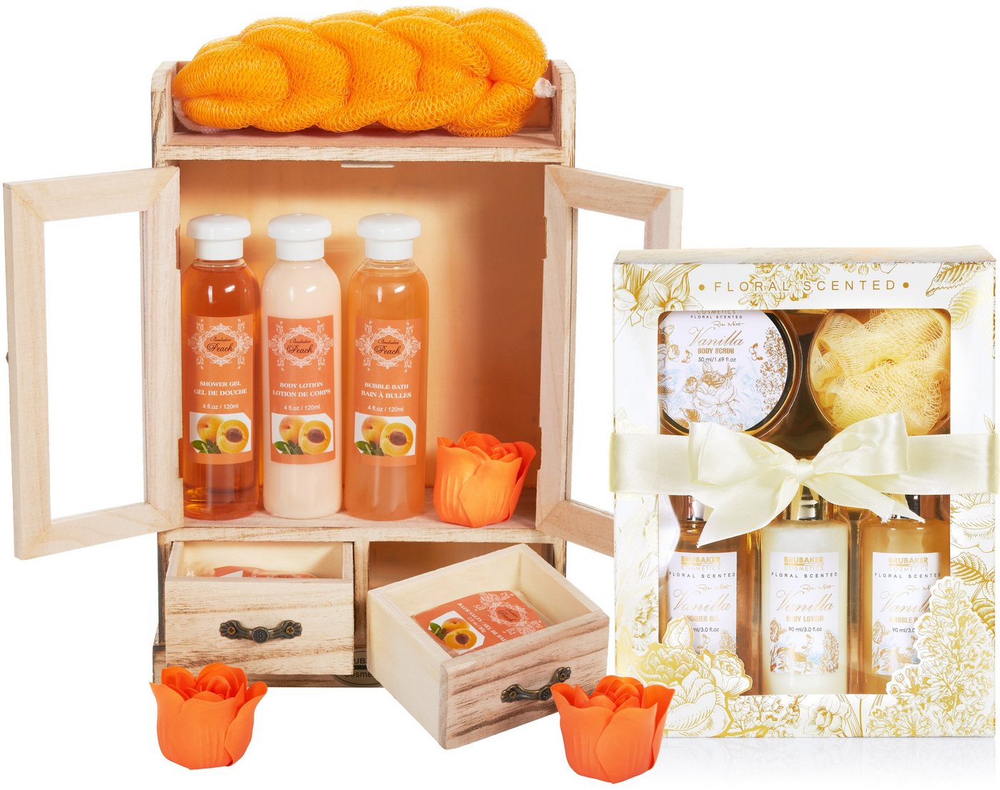 BRUBAKER Pflege-Geschenkset 2 in 1 Pflegeset Pfirsich & Vanilla Rose Minze - Wellness Set, 15-tlg., Damen Dusch- und Badeset - Frauen Beauty Geschenkset mit Dekoration von BRUBAKER