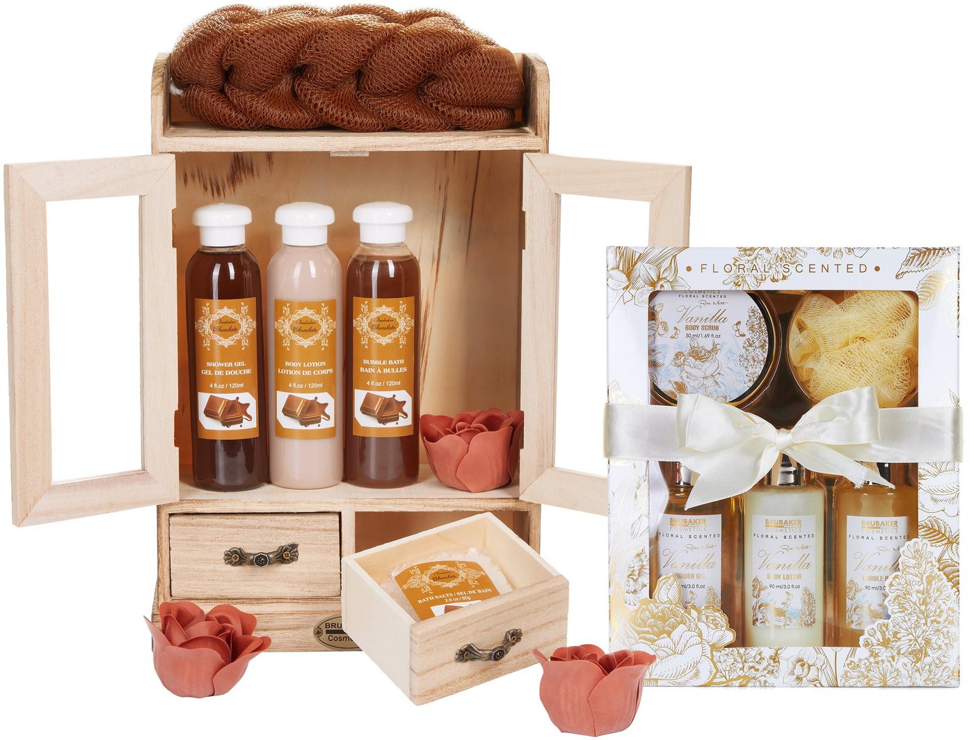 BRUBAKER Pflege-Geschenkset 2 in 1 Pflegeset Schokolade & Vanilla Rose Minze - Wellness Set, 15-tlg., Damen Dusch- und Badeset - Frauen Beauty Geschenkset mit Dekoration von BRUBAKER