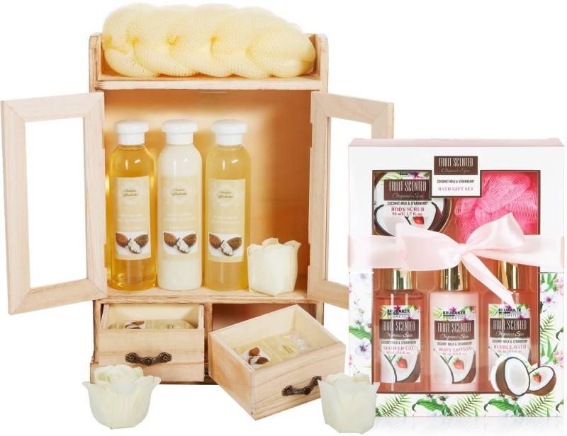 BRUBAKER Pflege-Geschenkset 2 in 1 Pflegeset Sheabutter & Kokosnuss Erdbeere - Wellness Set, 15-tlg., Damen Dusch- und Badeset - Frauen Beauty Geschenkset mit Dekoration von BRUBAKER
