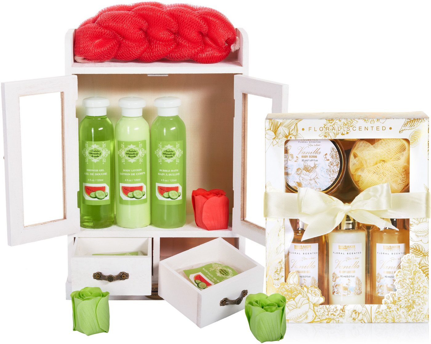 BRUBAKER Pflege-Geschenkset 2 in 1 Pflegeset Wassermelone & Vanilla Rose Minze - Wellness Set, 15-tlg., Damen Dusch- und Badeset - Frauen Beauty Geschenkset mit Dekoration von BRUBAKER