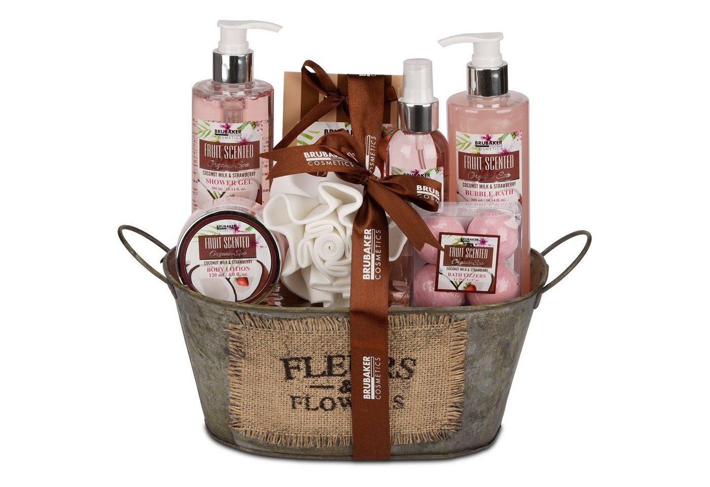 BRUBAKER Pflege-Geschenkset Dusch- und Badeset mit Kokosnuss & Erdbeer Duft Set, 11-tlg., Frauen Geschenk Set in Vintage Wanne, Wellness Pflegeset für Damen von BRUBAKER