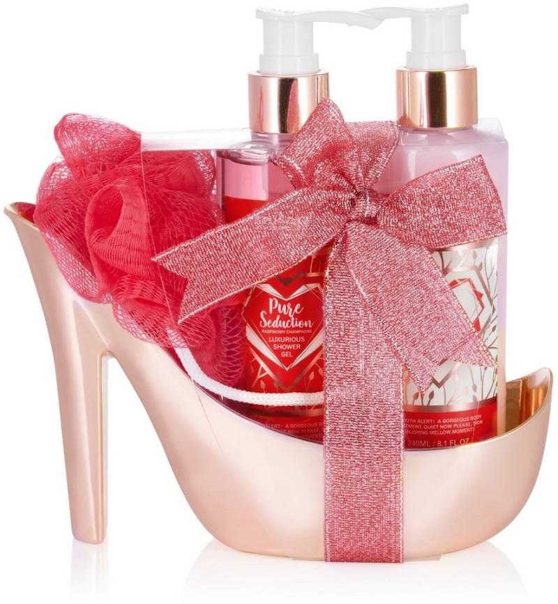 BRUBAKER Pflege-Geschenkset Stiletto Dusch Set für Frauen mit Himbeer Duft, Badeset Wellness, 4-tlg., Damen Pump Geschenkset in High Heel Rosé Gold, Pflegeset von BRUBAKER