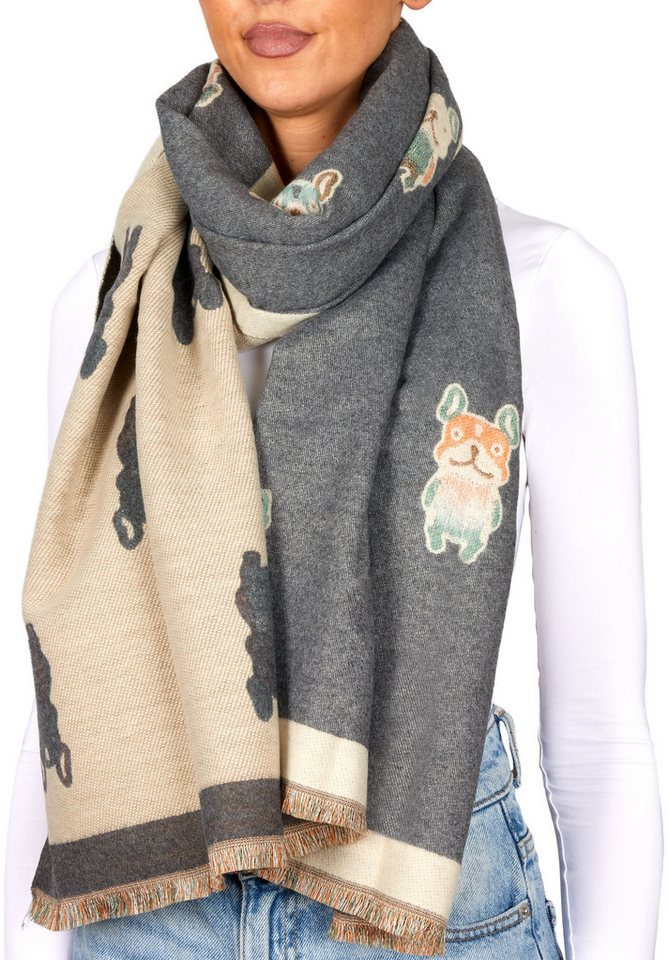 BRUBAKER Schal Cashmirillo Damen Schal - Französische Bulldogge - 70 x 200 cm, (Weiches Kaschmir-Gefühl, 1-St. Winterschal mit Hunde Muster), Warm & Kuschelig - Damenschal für Herbst & Winter - Herbstschal von BRUBAKER