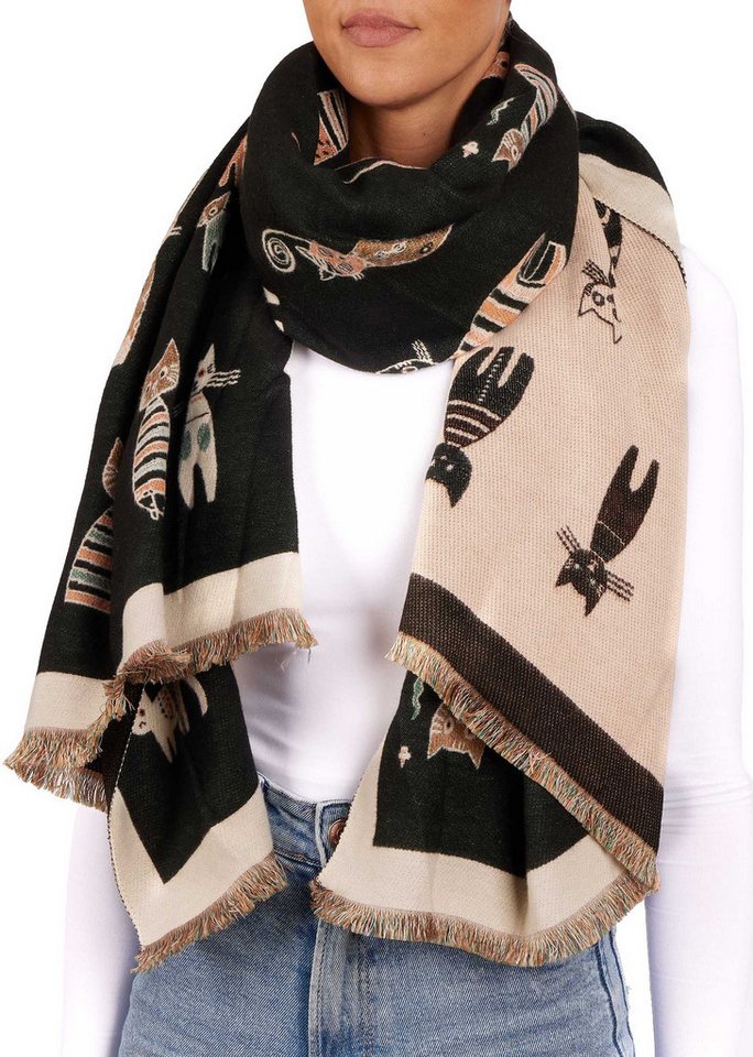 BRUBAKER Schal Cashmirillo Damen Schal mit Katzen Muster - 70 x 200 cm, (Herbstschal Winterschal, 1-St. Weiches Kaschmir-Gefühl), Warm, Kuschelig und Oversized - Damenschal für Herbst und Winter von BRUBAKER