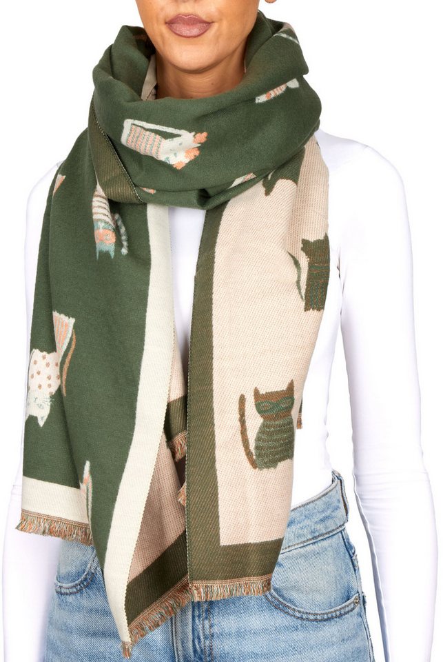 BRUBAKER Schal Cashmirillo Damen Schal mit Katzen Muster - 70 x 200 cm, (Herbstschal Winterschal, 1-St. Weiches Kaschmir-Gefühl), Warm, Kuschelig und Oversized - Damenschal für Herbst und Winter von BRUBAKER