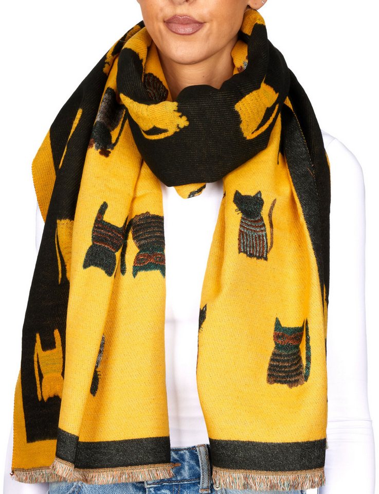 BRUBAKER Schal Cashmirillo Damen Schal mit Katzen Muster - 70 x 200 cm, (Herbstschal Winterschal, 1-St. Weiches Kaschmir-Gefühl), Warm, Kuschelig und Oversized - Damenschal für Herbst und Winter von BRUBAKER