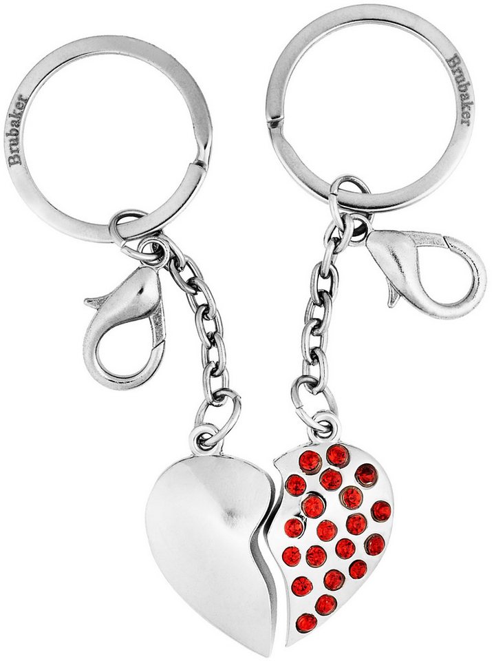 BRUBAKER Schlüsselanhänger Set Geteiltes Herz - Anhänger für Paare - Partner Schlüsselanhänger (Set, 2-tlg., Geschenk für Zwei zum Valentinstag oder Jahrestag), 2er Set Herzanhänger aus Metall mit Strass - Silber, Rot von BRUBAKER