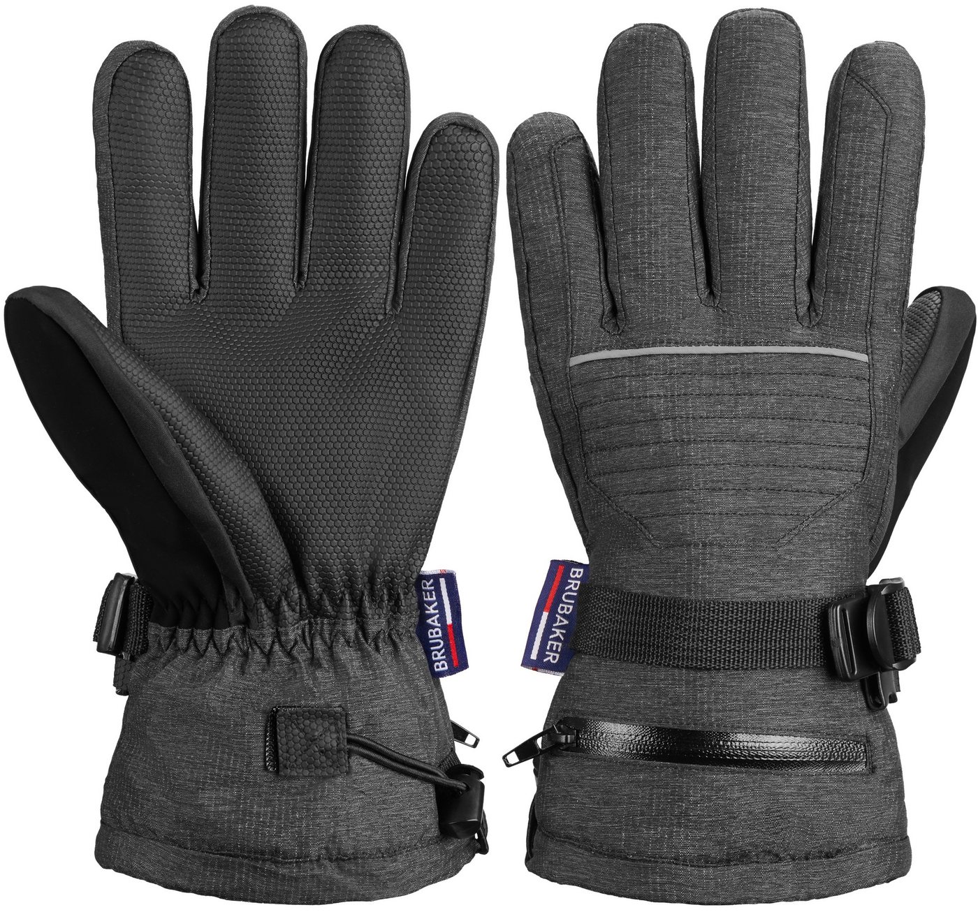 BRUBAKER Skihandschuhe Thermo Handschuhe für Ski Snowboard Wintersport (mit Reißverschluss-Tasche) Wasserdicht und Winddicht – Winterhandschuhe für Herren und Damen - Extra Warme Snowboardhandschuhe von BRUBAKER