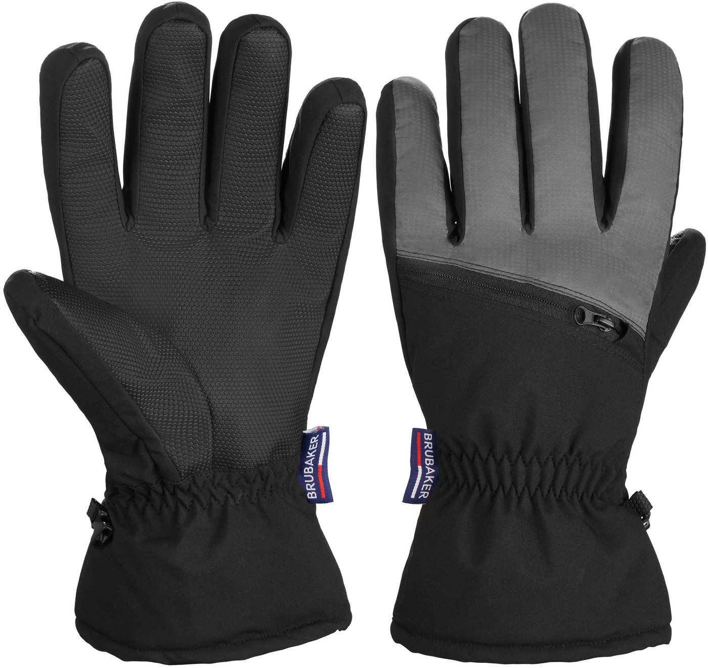 BRUBAKER Skihandschuhe Wasserdicht & Winddicht mit Reißverschluss Tasche Winterhandschuhe für Herren und Damen - Extra Warme Snowboardhandschuhe - Thermo Handschuhe für Snowboard - Schwarz Grau von BRUBAKER