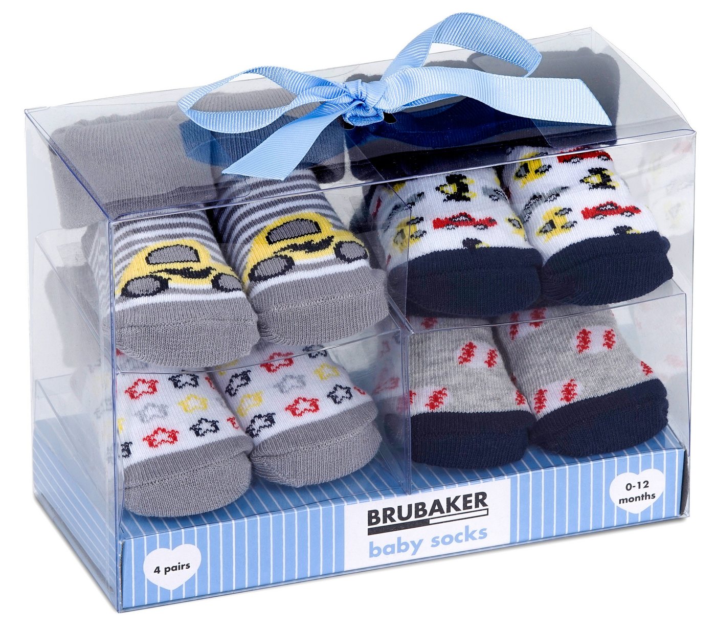 BRUBAKER Socken Babysocken für Jungen und Mädchen 0-12 Monate (4-Paar, Baumwollsocken mit Auto Motiven) Baby Geschenkset für Neugeborene in Geschenkverpackung mit Schleife von BRUBAKER