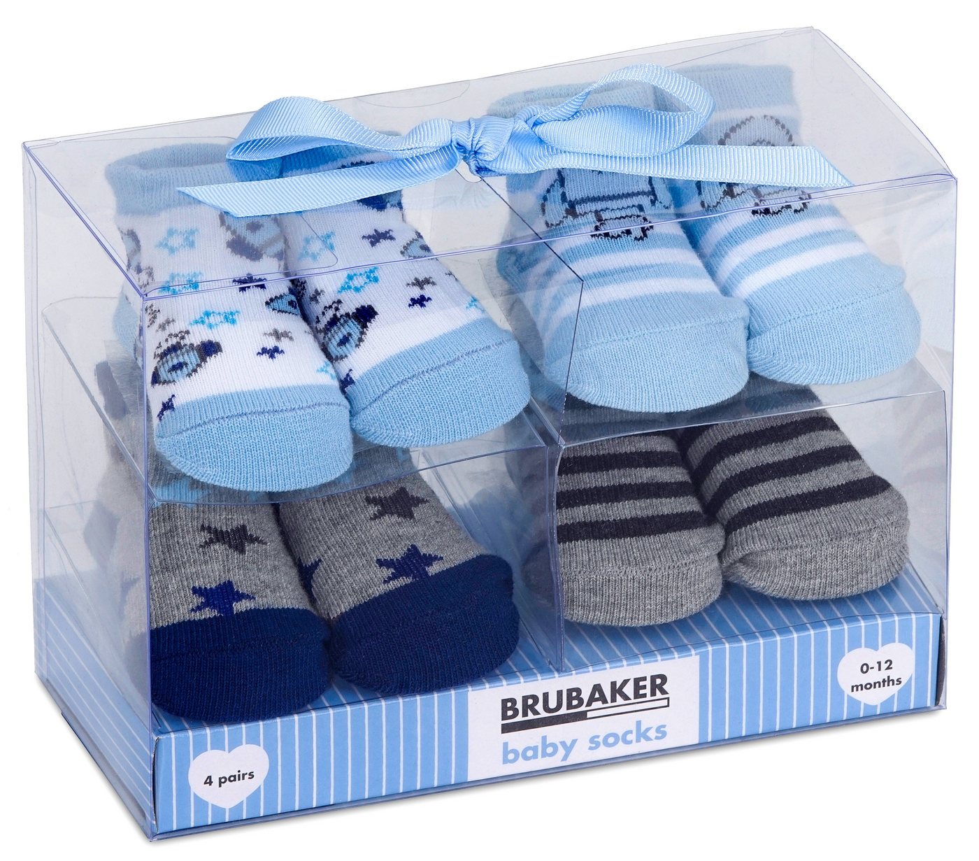 BRUBAKER Socken Babysocken für Jungen und Mädchen 0-12 Monate (4-Paar, Baumwollsocken mit Raketen und Sternen) Baby Geschenkset für Neugeborene in Geschenkverpackung mit Schleife von BRUBAKER