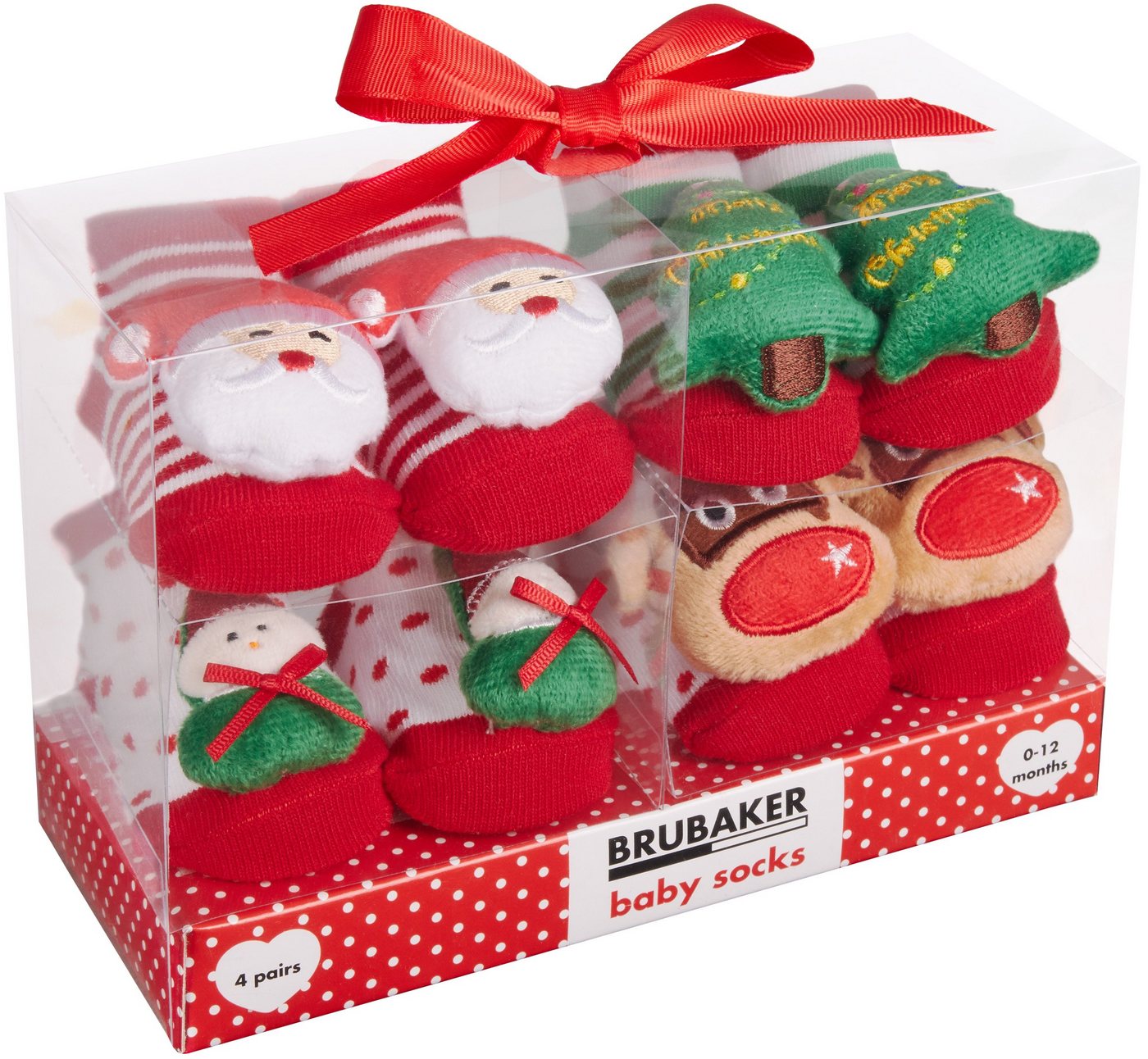 BRUBAKER Socken Babysocken für Jungen und Mädchen 0-12 Monate (4-Paar, Baumwollsocken mit Weihnachts-Motiven) Baby Geschenkset für Neugeborene in Geschenkverpackung mit Schleife von BRUBAKER