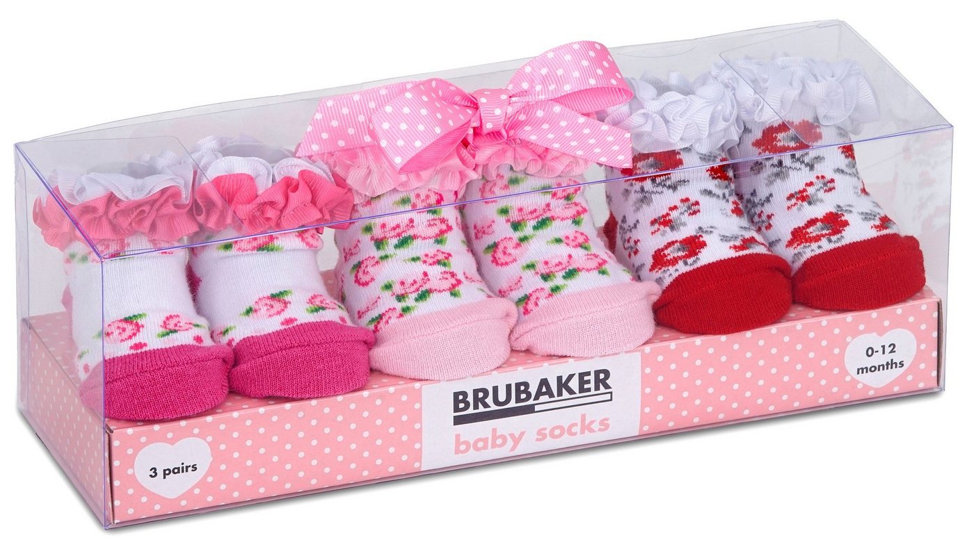 BRUBAKER Socken Babysocken für Mädchen 0-12 Monate (3-Paar, Baumwollsocken mit Blumenmotiven und Rüschen) Baby Geschenkset für Neugeborene in Geschenkverpackung mit Schleife von BRUBAKER