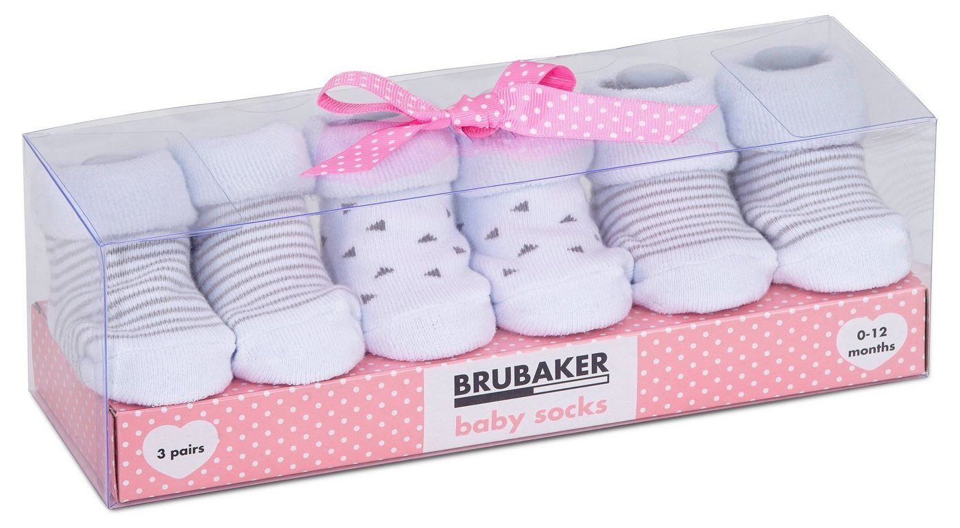 BRUBAKER Socken Babysocken für Mädchen 0-12 Monate (3-Paar, Baumwollsocken mit Dreiecken und Streifen) Baby Geschenkset für Neugeborene in Geschenkverpackung mit Schleife von BRUBAKER