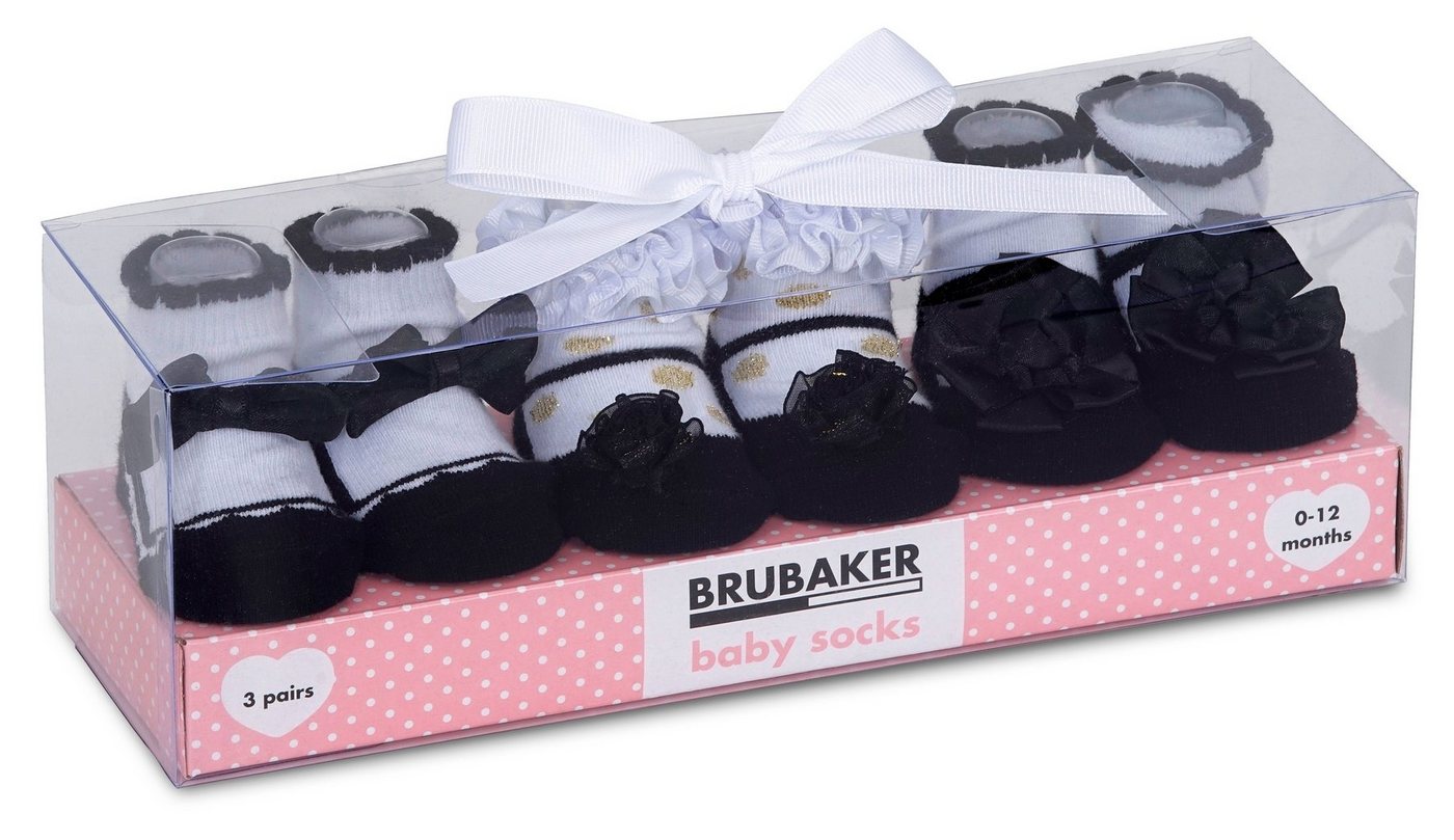 BRUBAKER Socken Babysocken für Mädchen 0-12 Monate (3-Paar, Baumwollsocken mit festlicher Farbgebung) Baby Geschenkset für Neugeborene in Geschenkverpackung mit Schleife von BRUBAKER