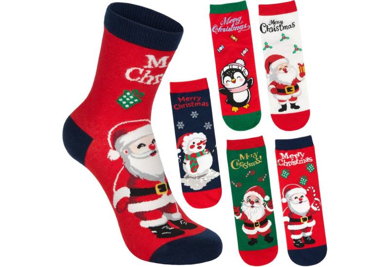 BRUBAKER Socken Damen Weihnachtssocken - Santa, Schneemann und Pinguin (Bunte Baumwollsocken für Frauen - Geschenkset, 5-Paar, Kuschelsocken mit humorvollen Sockenmotiven) Lustige Damensocken für Weihnachten & Nikolaus von BRUBAKER
