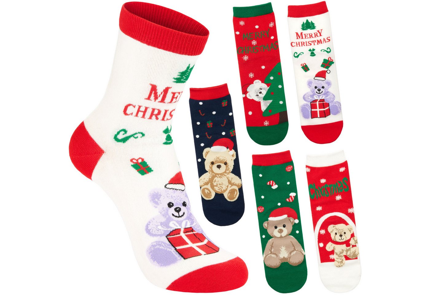 BRUBAKER Socken Damen Weihnachtssocken - Teddybär Merry Christmas (Bunte Baumwollsocken für Frauen - Geschenkset, 5-Paar, Kuschelsocken mit humorvollen Sockenmotiven) Lustige Damensocken für Weihnachten & Nikolaus von BRUBAKER