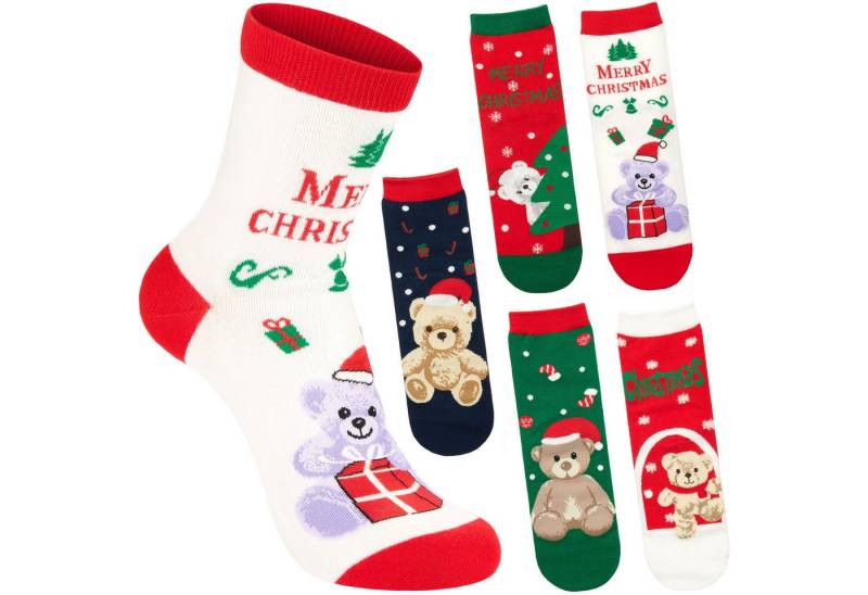 BRUBAKER Socken Damen Weihnachtssocken - Teddybär Merry Christmas (Bunte Baumwollsocken für Frauen - Geschenkset, 5-Paar, Kuschelsocken mit humorvollen Sockenmotiven) Lustige Damensocken für Weihnachten & Nikolaus von BRUBAKER